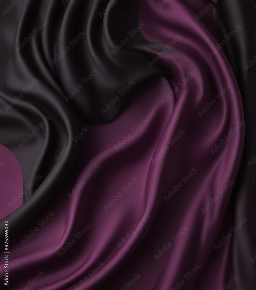 Poster a close-up view of a flowing, silky fabric with a gradient of purple and black colors, creating a se