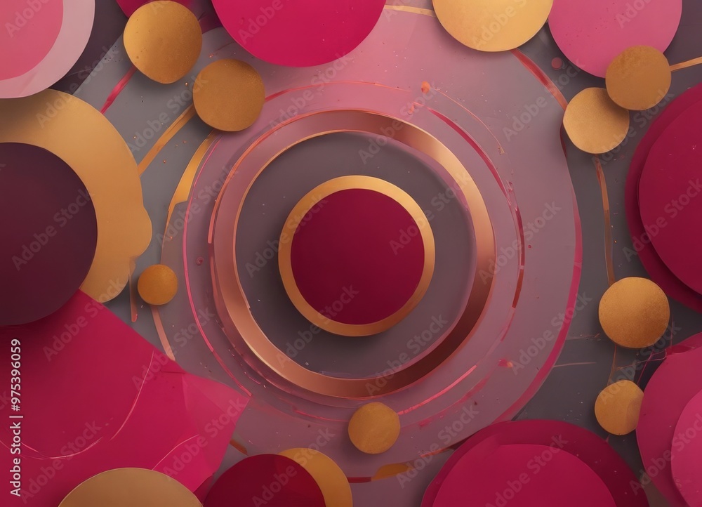 Poster a vibrant abstract composition of overlapping circles in various shades of pink, red, and gold, crea