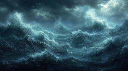 Dark, turbulent ocean waves under a stormy sky.