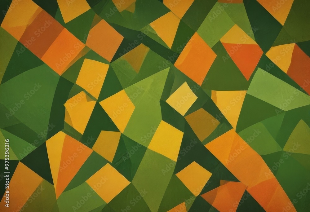 Poster The image is an abstract composition featuring a variety of overlapping geometric shapes in shades of green, yellow, and orange, creating a vibrant and dynamic visual effect.