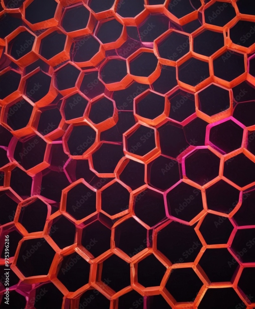 Poster a close-up view of a pattern of orange and pink hexagonal shapes against a dark background.