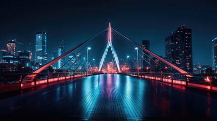 A modern bridge lit by elegant LED lights at night, with a dramatic view of the city skyline glowing in the background.