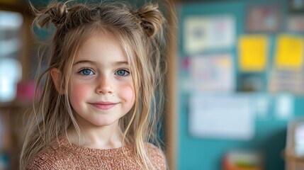 Fototapeta premium Portrait of a smiling young girl with braided hair standing indoors in a classroom during daylight