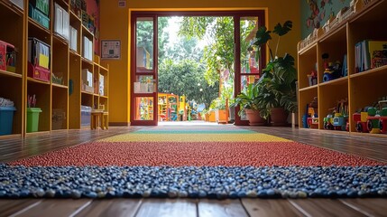 Fototapeta premium Colorful hallway of a cheerful preschool classroom leading to an outdoor playground filled with toys and greenery during the daytime