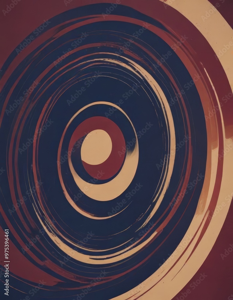 Poster a spiral pattern with concentric circles in various shades of red, blue, and white, creating a visua
