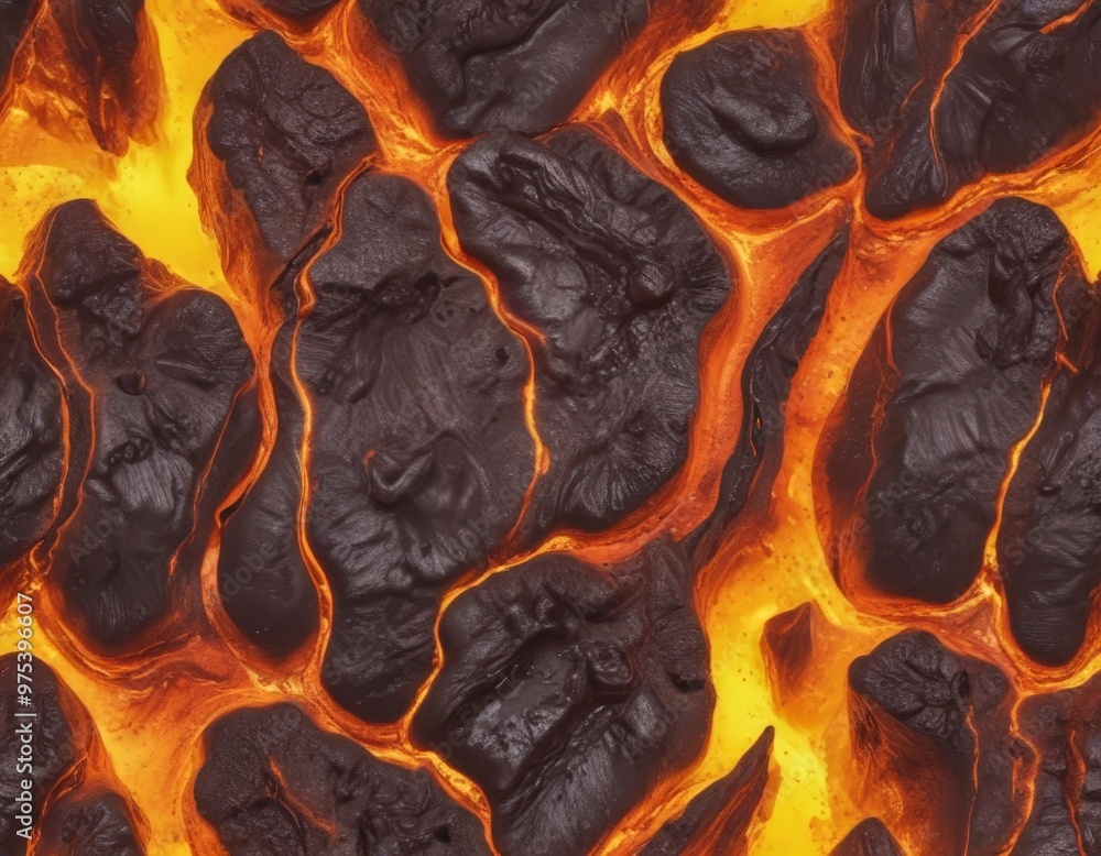 Poster a close-up view of a lava flow, with dark, molten rock material glowing in shades of orange and yell