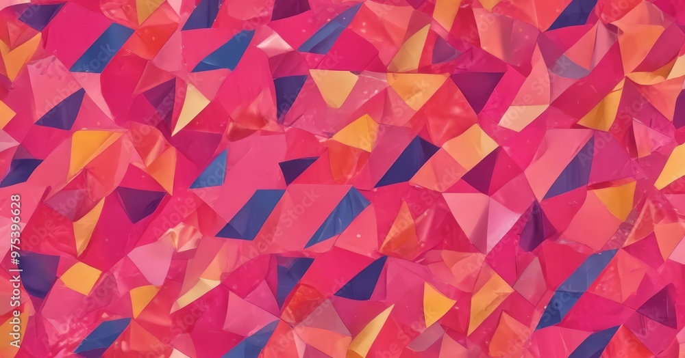 Poster The image is a vibrant collage of overlapping triangular shapes in various shades of pink, orange, yellow, and blue, creating a visually striking and dynamic composition.