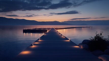Naklejka premium A modern pier lit by soft, warm lights extending over a calm ocean at night, with the faint outline of mountains in the distance.
