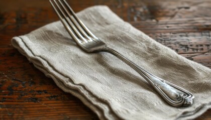 A single, silver fork elegantly placed on a linen napkin