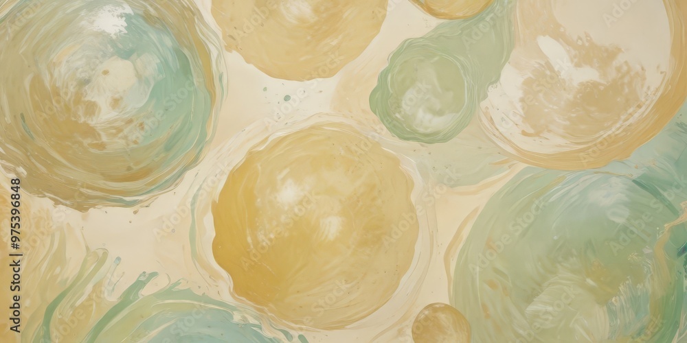 Poster The image is an abstract painting featuring overlapping circles in various shades of yellow and green, creating a sense of depth and movement.