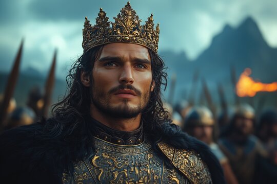 Regal King in Battle Gear Against a Dramatic Sky - Perfect for Historical Themes and Fantasy Projects