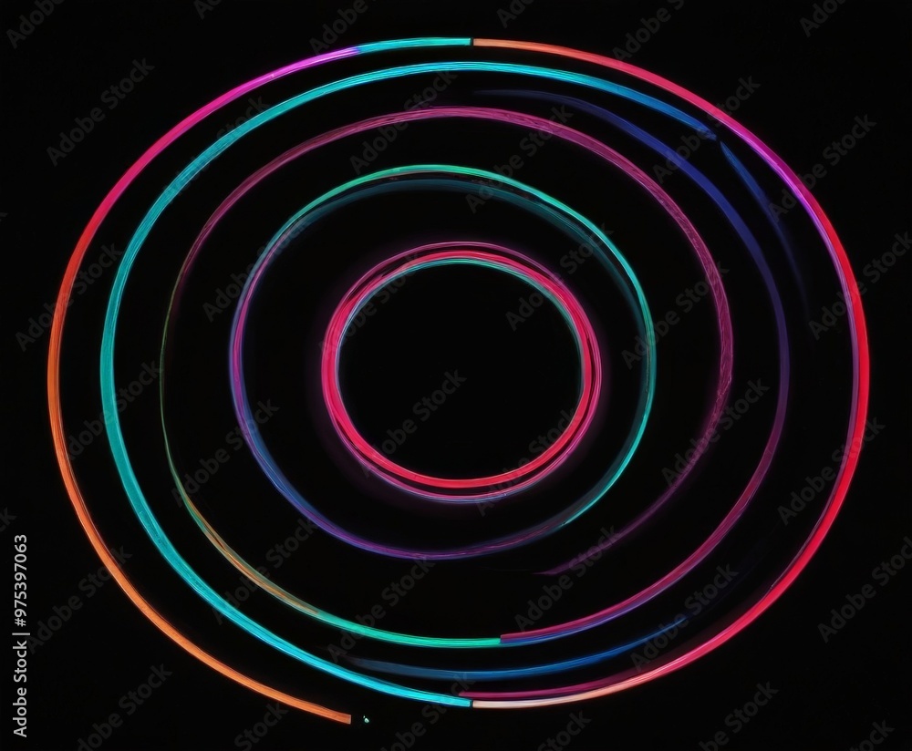 Poster a circular arrangement of neon-colored lines, creating a mesmerizing spiral pattern against a black 