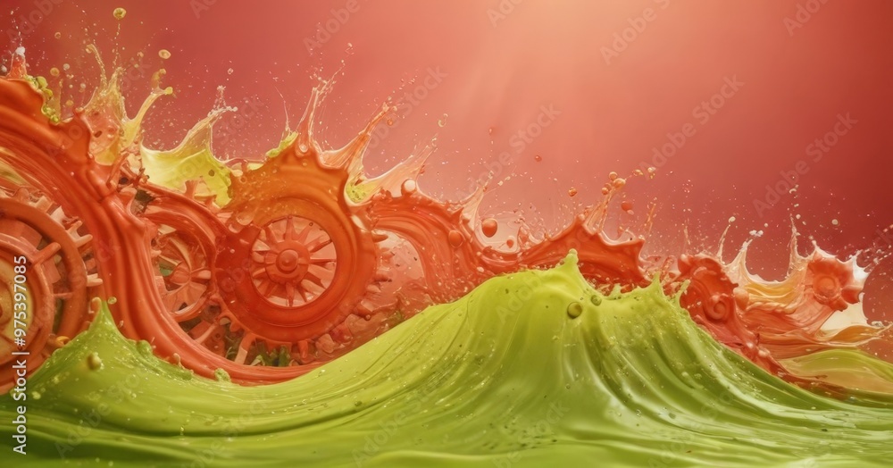 Poster a vibrant splash of orange and green paint, with splashes of red and yellow, creating a dynamic and 