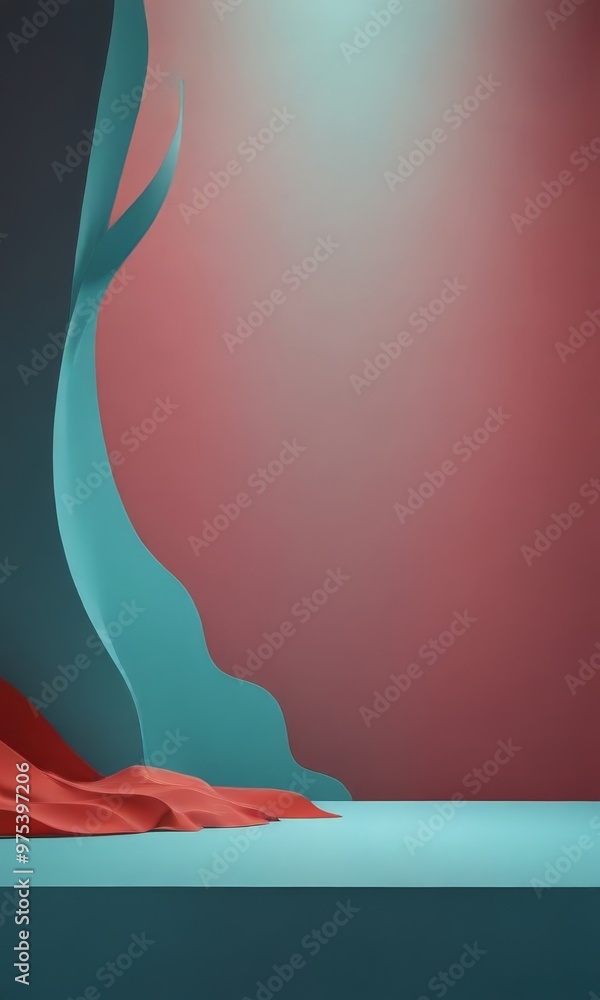Poster the image presents a minimalist scene with a red and blue abstract sculpture on a blue platform, set