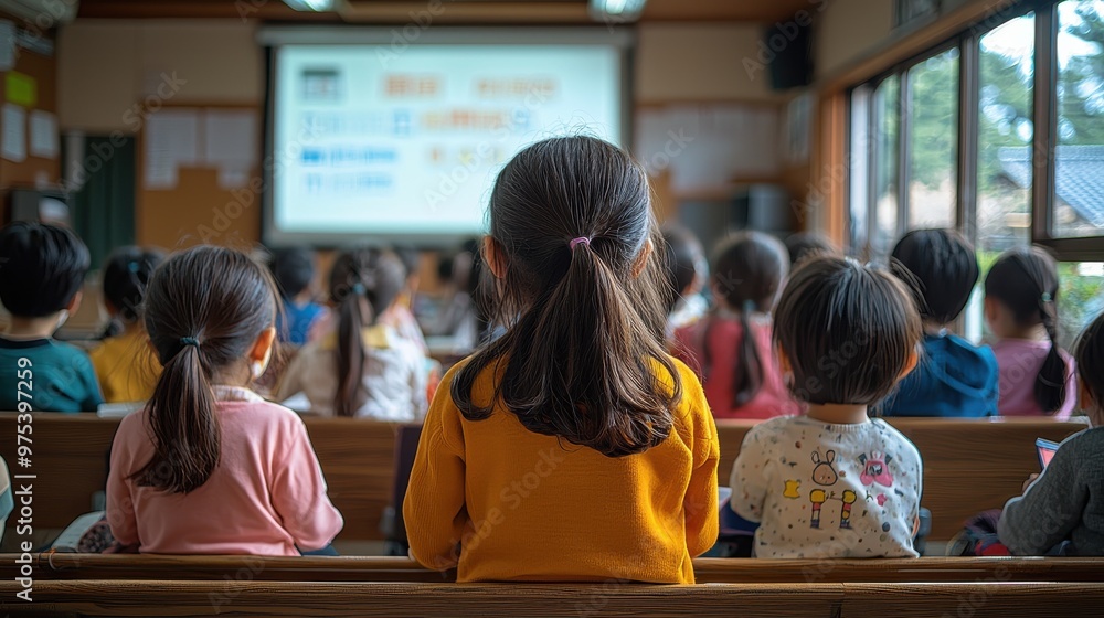 Aufkleber children engaged in learning during a classroom session at a school with a projector displaying educ