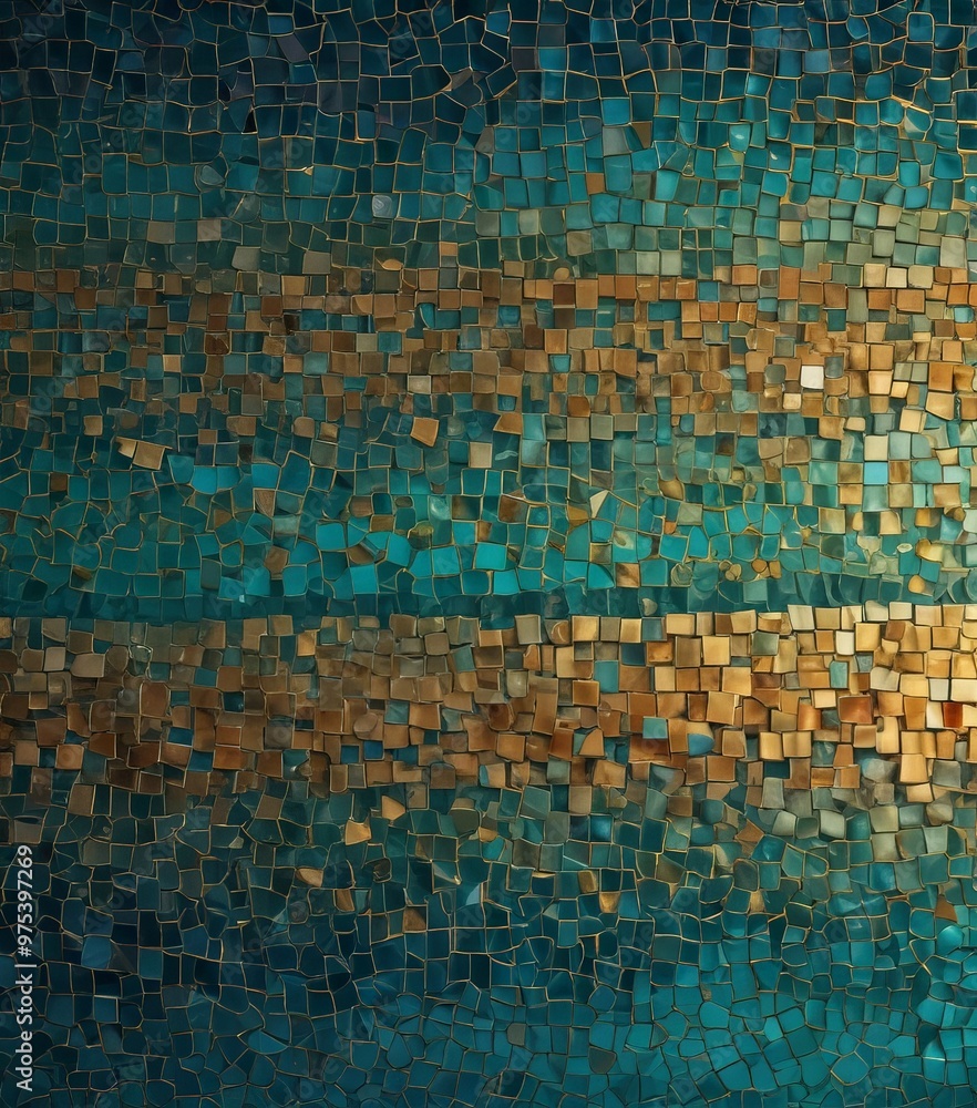 Poster a mosaic pattern composed of small square tiles in shades of blue and gold, arranged in a repeating 