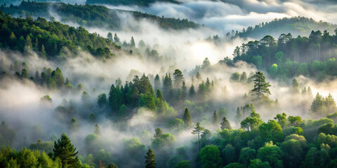 Morning mist rolling through a dense forest, foggy weather, mysterious ambiance