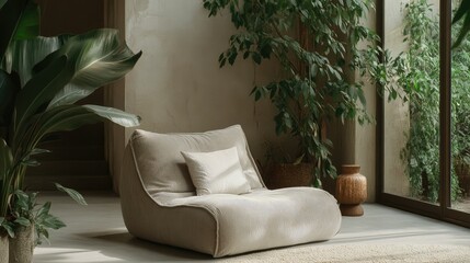 A plush velvet lounge chair with soft pillows in a minimalist living room, surrounded by elegant decor and greenery.