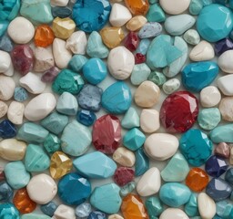 A vibrant assortment of turquoise, white, blue, red, and orange stones is scattered across a white background, creating a visually striking and colorful composition.