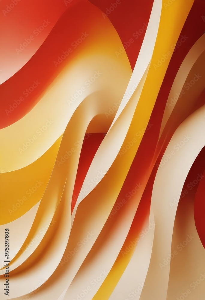 Poster a vibrant abstract composition of overlapping curved lines in various shades of red, orange, and yel