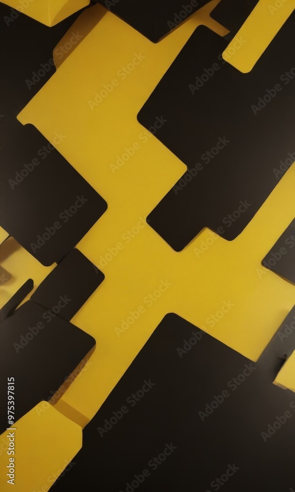Poster a close-up view of a geometric pattern composed of black and yellow shapes, creating a visually stri