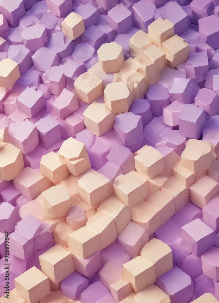 Poster the image presents a 3d of a geometric pattern composed of numerous cubes in various shades of purpl