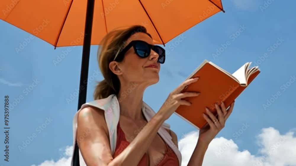 Aufkleber relaxing under the sun while reading a book with an orange cover generative ai
