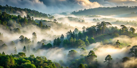 Morning mist rolling through a dense forest, foggy weather, mysterious ambiance