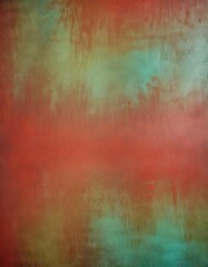 The image is an abstract painting featuring a vibrant gradient of colors, with a warm red and orange hue dominating the background, transitioning to a cool blue and green in