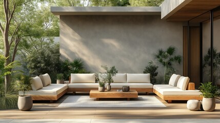 Fototapeta premium Modern Outdoor Living Space with Stylish Sofa and Greenery