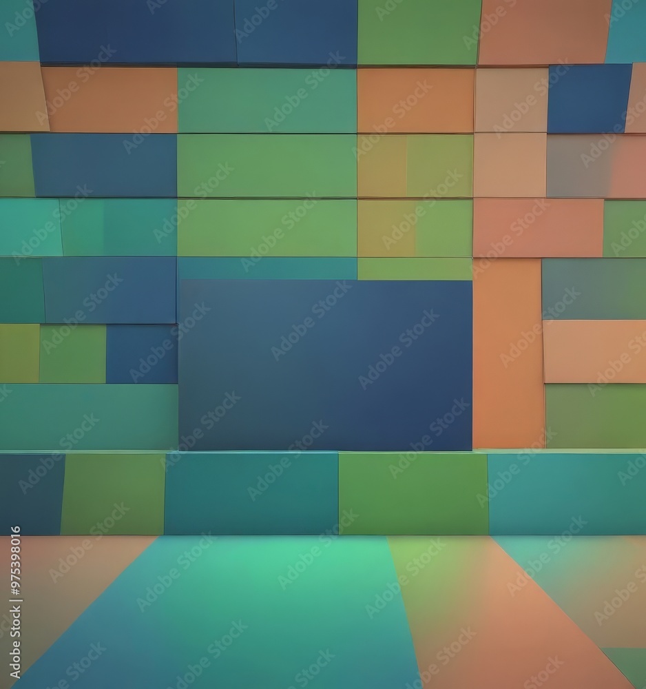 Aufkleber a 3d of a room with a geometric pattern of overlapping rectangular panels in various shades of blue,