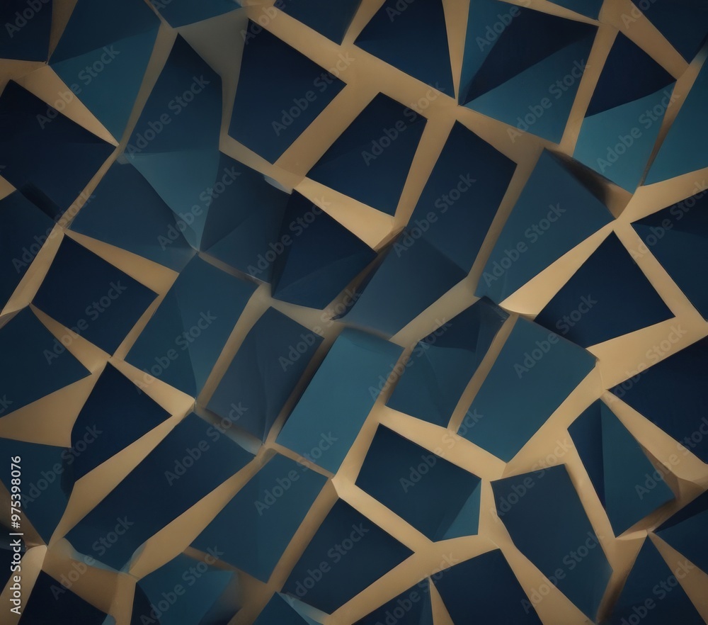 Poster a geometric pattern composed of numerous blue triangles arranged in a complex, overlapping manner, c