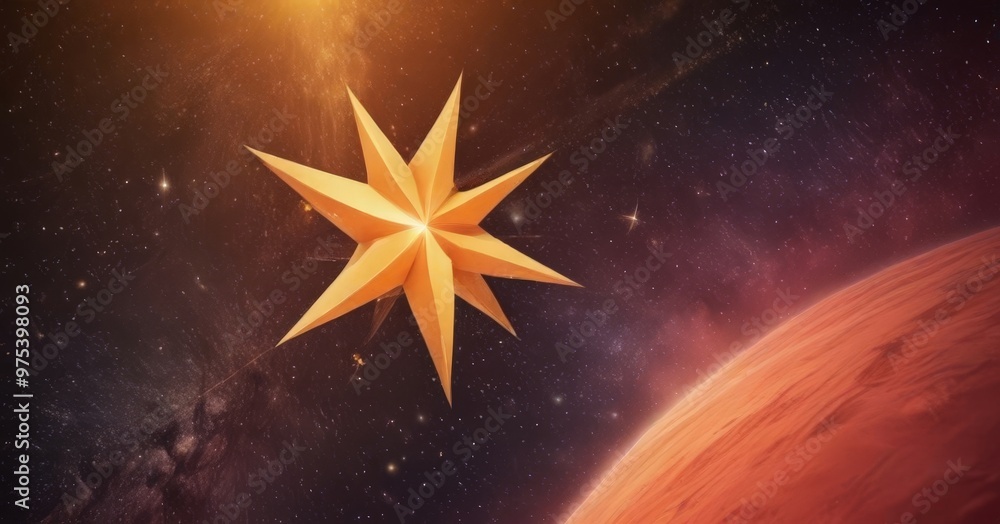 Poster a large, golden star-shaped object floats in the vast expanse of space, with a red planet visible in