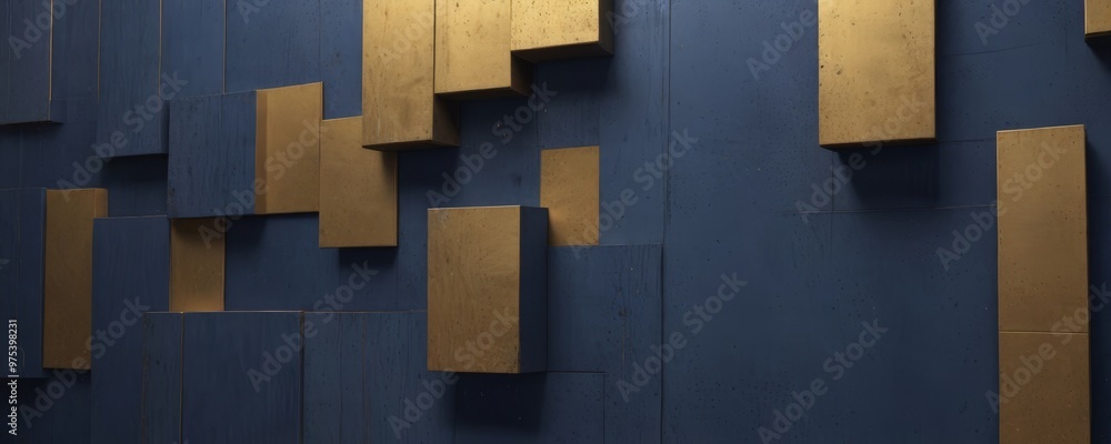 Poster a close-up view of a wall with a geometric pattern composed of various-sized rectangular blocks in s