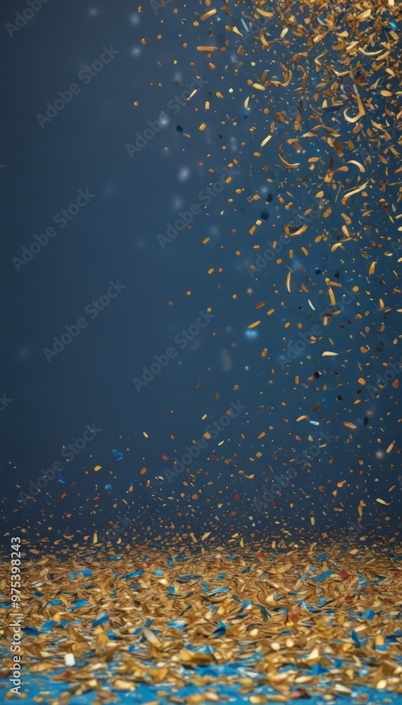 Poster a dark blue background with scattered gold confetti in various sizes and shapes, creating a sense of