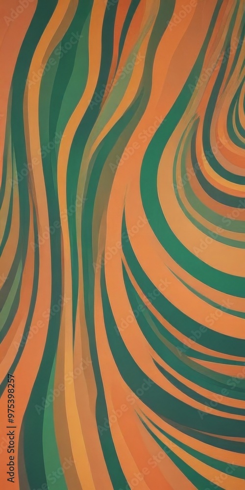 Poster a vibrant abstract pattern composed of overlapping curved lines in various shades of green, orange, 