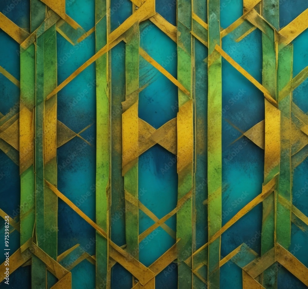 Poster a geometric pattern composed of intersecting lines and shapes in shades of green and yellow, creatin