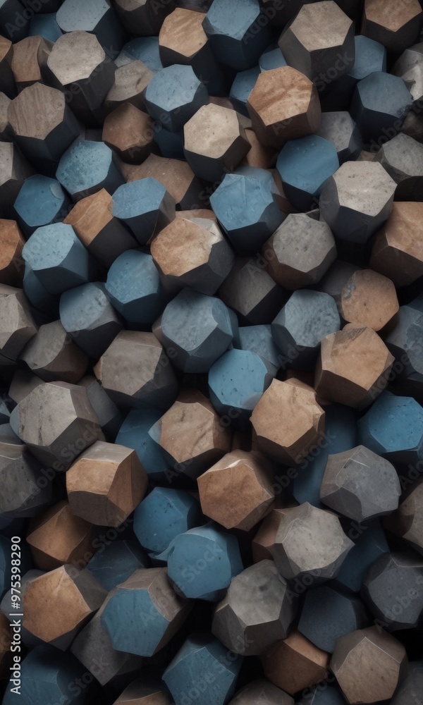 Poster a close-up image of a pile of hexagonal blocks in various shades of blue, brown, and gray, arranged 