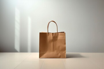 Product shot of high fashion blank no logo paper bag no logo white wall background