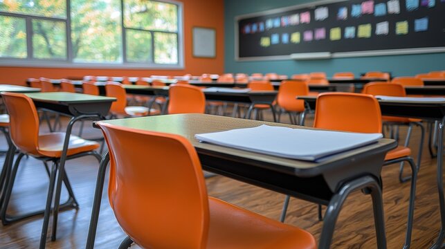 Empty classroom with orange chairs and desks ready for new students on a sunny day