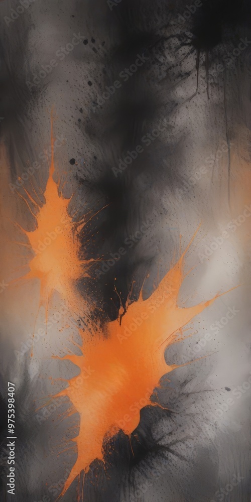 Poster an abstract painting with a dark background and splashes of orange and black paint. the central focu