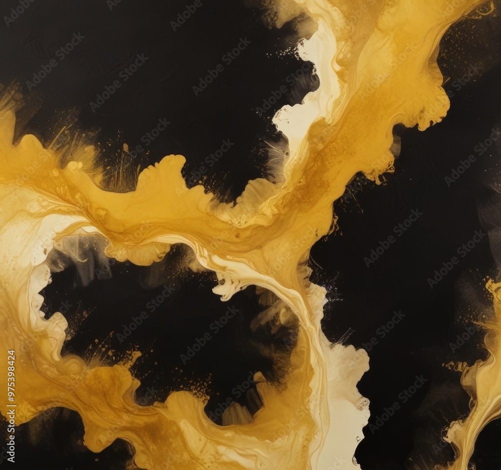 Poster the image is an abstract painting featuring a swirling pattern of black and gold colors, with splash
