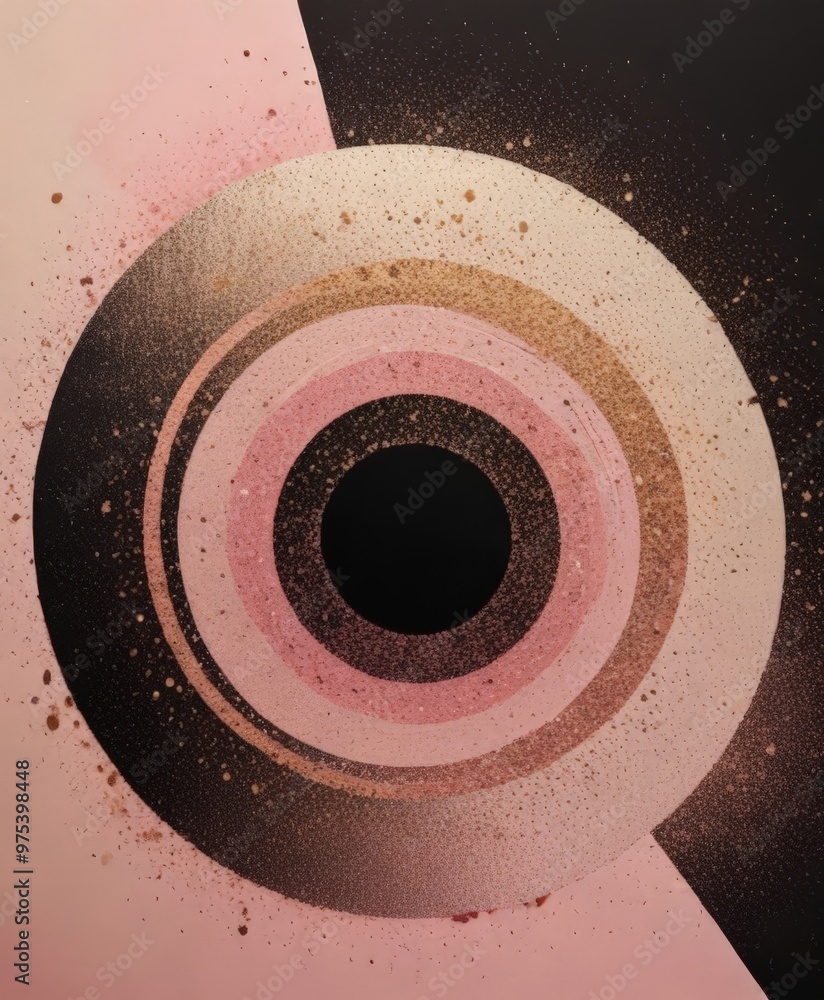 Poster a circular abstract artwork with a black center and concentric circles in pink and black, creating a dynamic and visually striking composition.