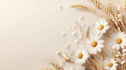 Elegant composition of chamomile flowers and wheat ears on a soft beige background, providing a natural and calming aesthetic