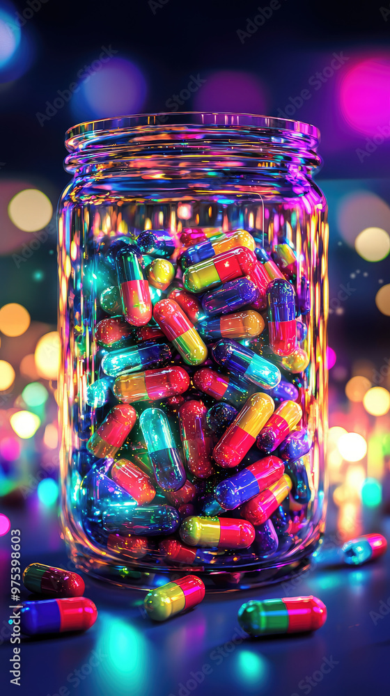 Poster a clear glass container filled with vibrant capsules, showcasing colorful array of shapes and sizes.