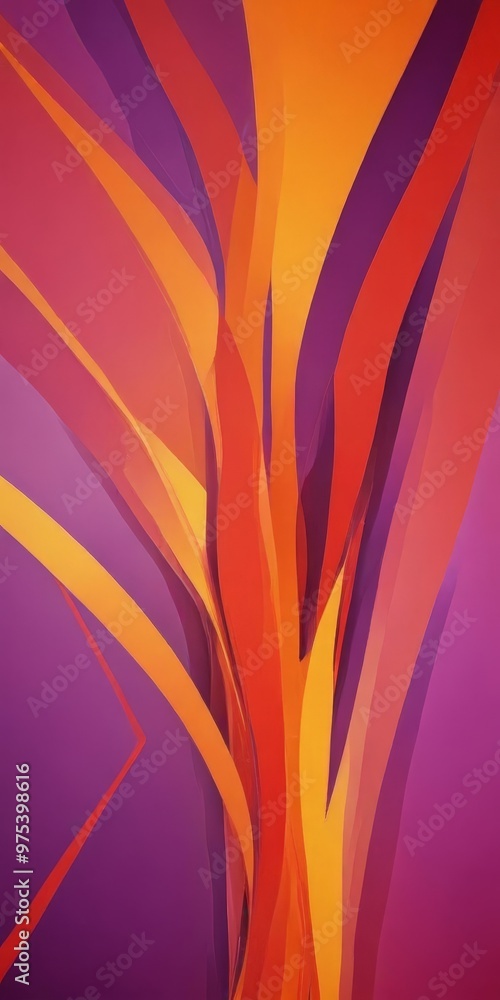 Poster a vibrant abstract composition of overlapping curved lines in various shades of orange, purple, and 