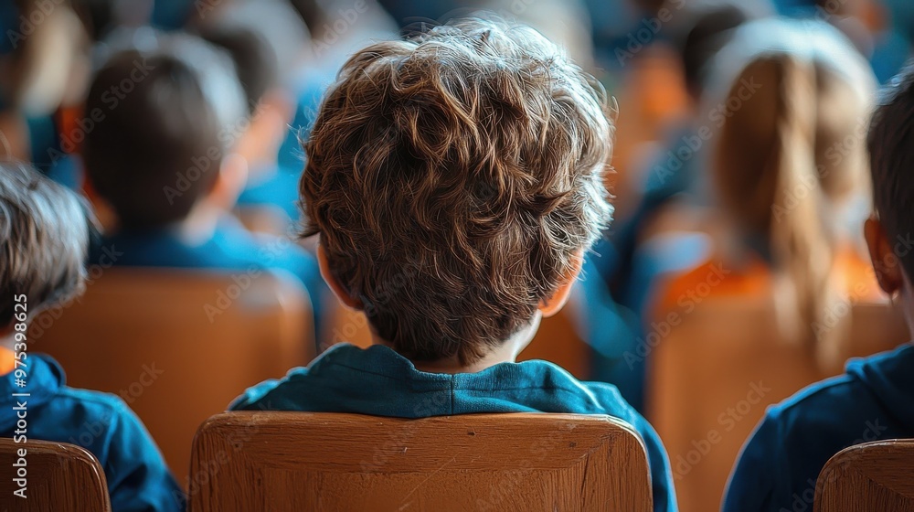 Poster children seated in a classroom during a lesson with focus on a curly-haired boy at the front, captur