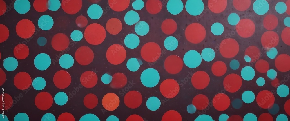 Poster a close-up view of a pattern of red and blue polka dots on a dark background.
