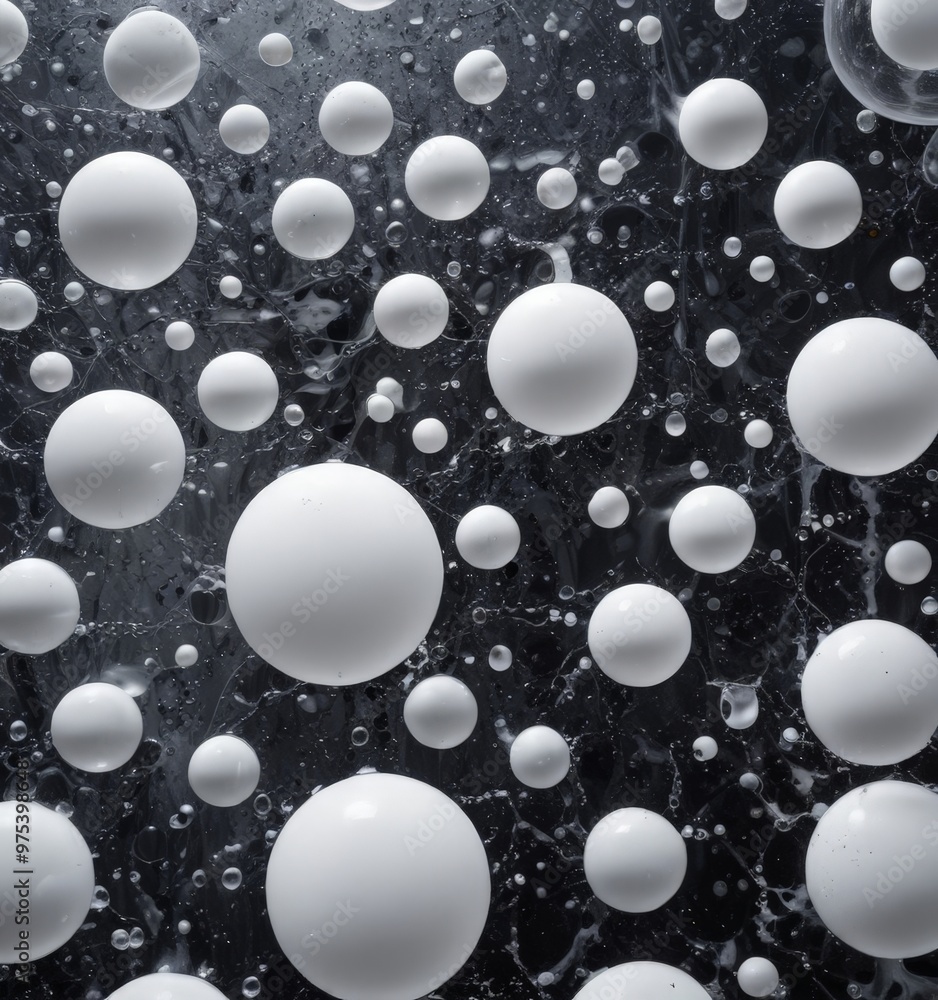 Poster a close-up of white spheres floating in a dark, textured background, creating a sense of depth and m