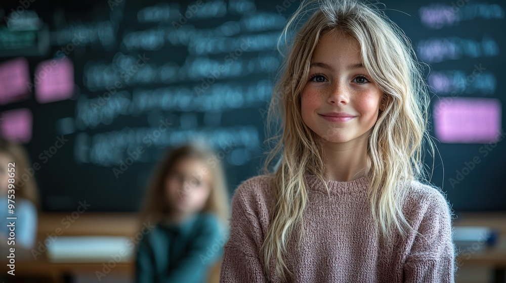 Poster young girl smiling confidently in a classroom setting during a lesson with classmates in the backgro
